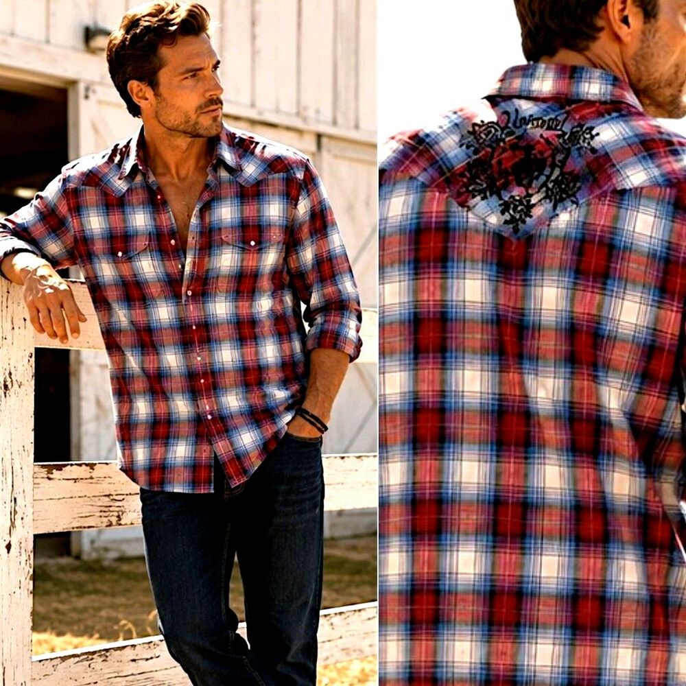 NWT Wrangler Blues Sz XXL Plaid Western Mod Cowboy Snap Shirt Embroidered Yoke